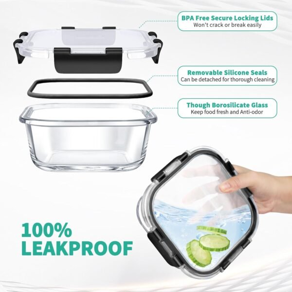 34pcs Glass Food Storage Containers with Lids Set, Airtight Glass Meal Prep Containers (17 Containers & 17 Lids), Leak Proof Lunch Containers BPA-Free, Microwave, Oven, Freezer, Dishwasher Safe-Black - Image 3
