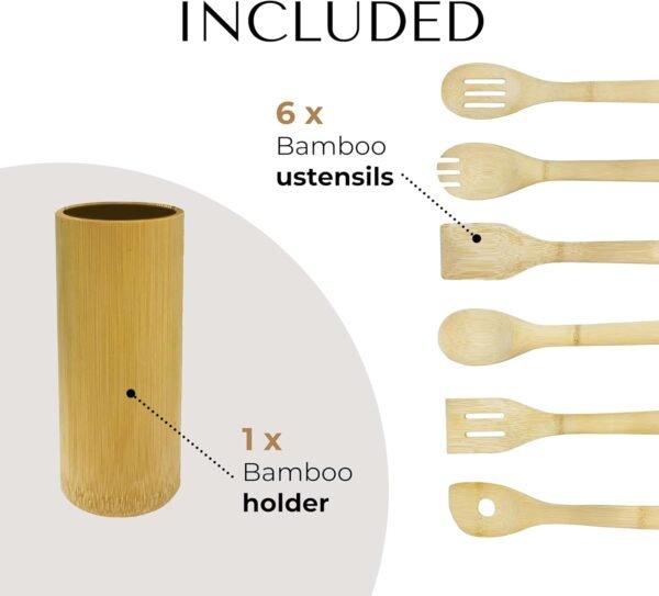 6 Pcs Bamboo Wooden Spoon and Spatula Utensils Set with Holder for Cooking and Kitchen use - Image 3
