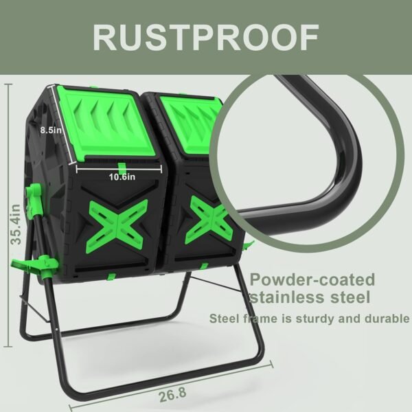 SQUEEZE master Large Dual Chamber Compost Bin Tumbler Outdoor Garden- Easy Rotating- Sturdy Steel Frame-Fast Composting (Green, 2 × 18.5 Gallon) - Image 3