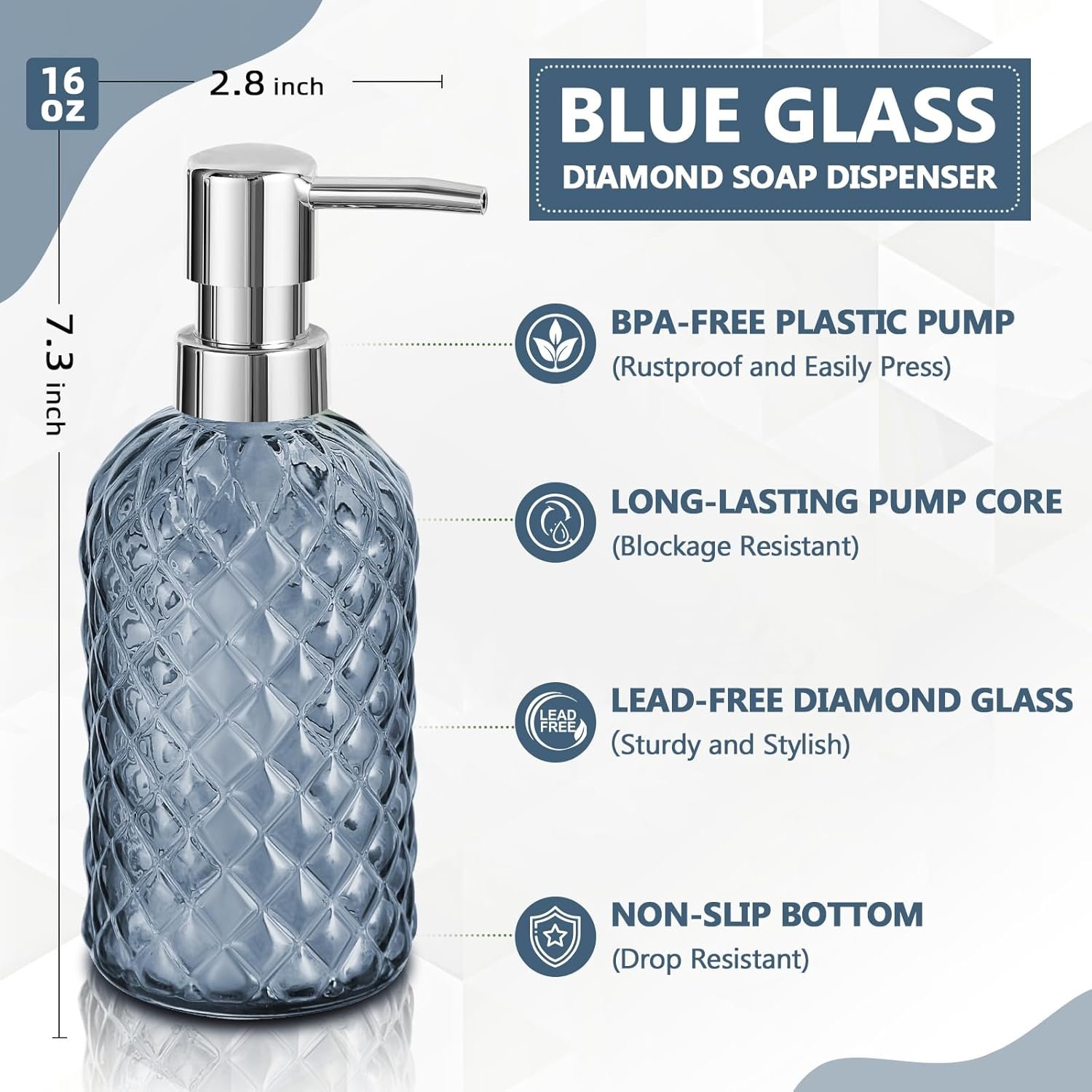 Hand Soap Dispenser, Bathroom Glass Soap Dispenser, 16 Oz Blue Dish Soap Dispenser for Kitchen with Sliver Plastic Pump, Refillable Liquid Lotion Bottle Container, Modern Bathroom Accessories - Image 2