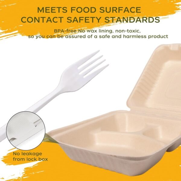 To Go Food Containers with 50 Forks,Disposable Food Containers with Lids,Sugarcane Fiber To Go Boxes,Clamshell Take out Containers for Meal Prep (8"x8" 1-compartment 50 Pack (Natural)) - Image 5