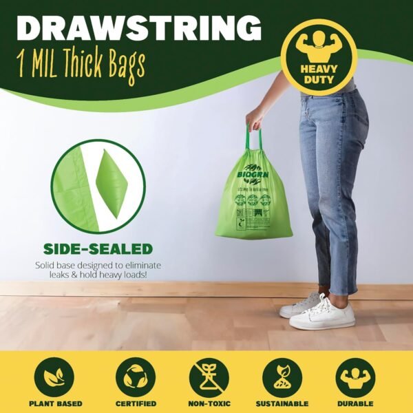 3 Gallon Compostable Trash Bags Drawstring, Heavy Duty Extra Thick 1 Mil, 11.36 Liter, 50 Bags, Small Kitchen Food Scrap Waste Bag, ASTM D6400, US BPI and OK Compost Home Certified - Image 3