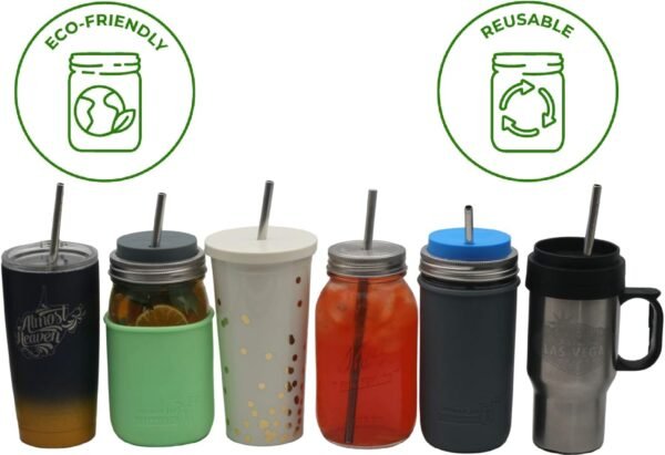 Long Safer Rounded End Stainless Steel Metal Straws for Large Cups, Tall Glasses, or Quart Mason Jars (4 Pack + Cleaning Brush + Bag) - Image 5