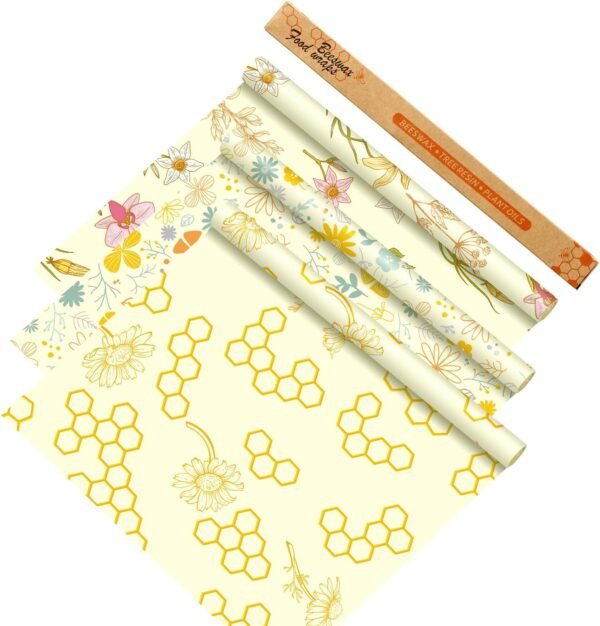 3 Rolls Reusable Beeswax Food Wraps 13'' x 59'' Eco Friendly Sustainable Beeswax Food Storage Wrap Honeycomb Floral Organic Cotton Food Wrap for Bread Sandwich Cheese Fruit