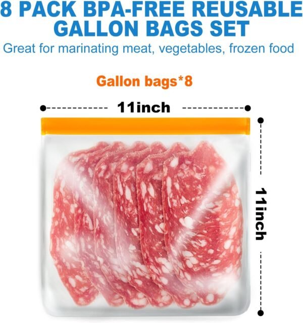 8 Pack Gallon Freezer Bags, Reusable Food Storage Silicone Bags Reusable Food Storage Bags, Large Zip Lock Bags Gallon, Lunch Home Fridge Kitchen Organization and Storage Meal Prep Freezer Containers - Image 3