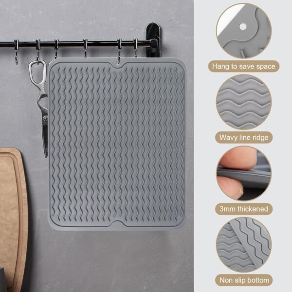 3 Pack Dish Racks, Silicone Kitchen Sink Organizer Tray and Dish Drying Mat for Bathroom Counter, and Sponge Soap Holder for Dish Soap Bottle, Soap Dispenser, Grey - Image 5