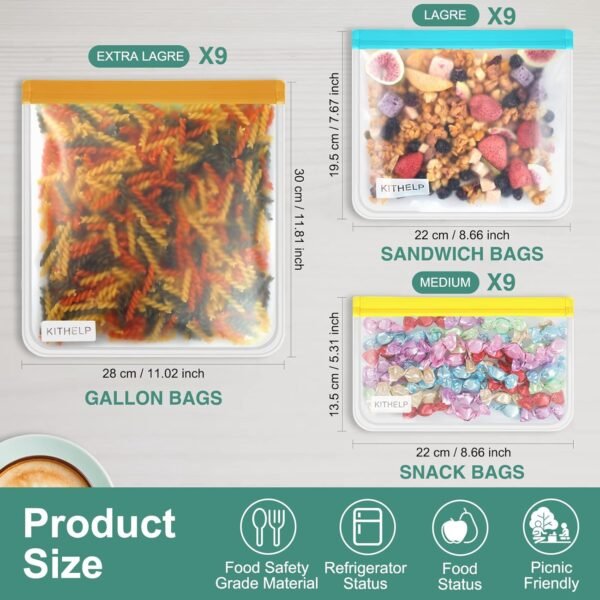 27 Pack Reusable Storage Bags BPA Free, Leak-proof Freezer Bags (9 Reusable Gallon Bags + 9 Reusable Sandwich Bags + 9 Reusable Snack Bags) Washable Eco-Friendly Lunch Bags - Image 2
