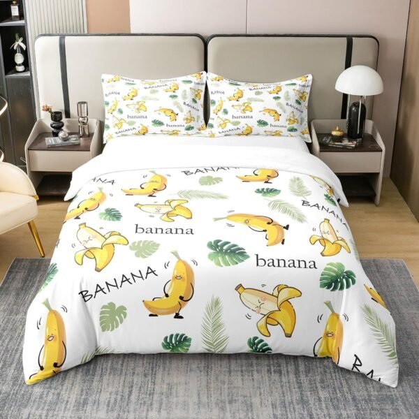 Castle Fairy Cute Banana 100% Organic Cotton Comforter Cover (Not Comforter) Green Palm Leaves Print Duvet Cover Set Queen Size for Bedroom Tropical Fruit Botanical Bedding Set with 2 Pillowcases