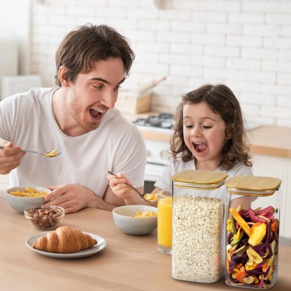 Glass Storage Containers with Wood Lids, 54 fl.oz Clear Food Storage Container Jar, Square Glass Canisters with Airtight Lids Set Of 3, for Pasta Flour Rice Beans Cereals Seasonings - Image 7