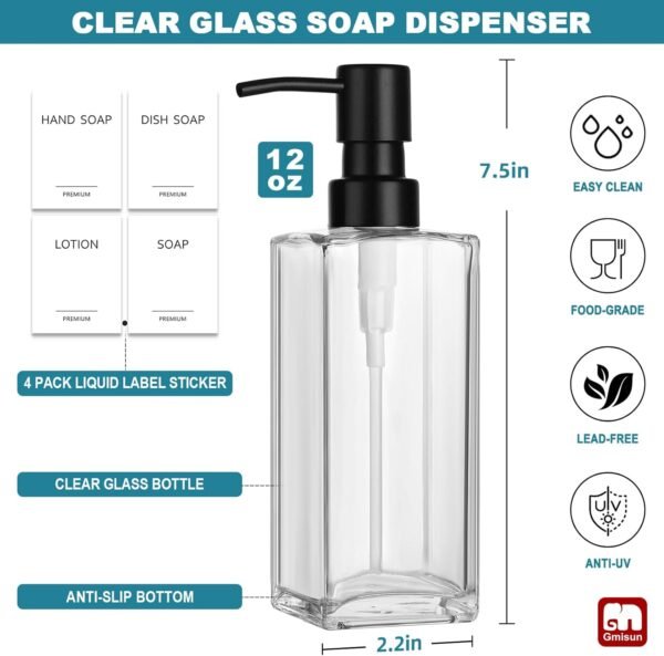 GMISUN Glass Soap Dispenser with Stainless Steel Pump, Clear Hand Soap Dispenser for Bathroom, 12oz Hand and Dish Soap Dispenser Set for Kitchen, Refillable Liquid Soap and Lotion Dispensers Bottle - Image 2