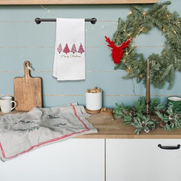 KEUSPI Farmhouse Vintage Hot Pink Christmas Tree Waffle Kitchen Towel Dish Towel Cloth,Winter Xmas Holiday Drying Cloth Tea Hand Towels for Kitchen Drying Washing (Merry Christmas Pink) - Image 2