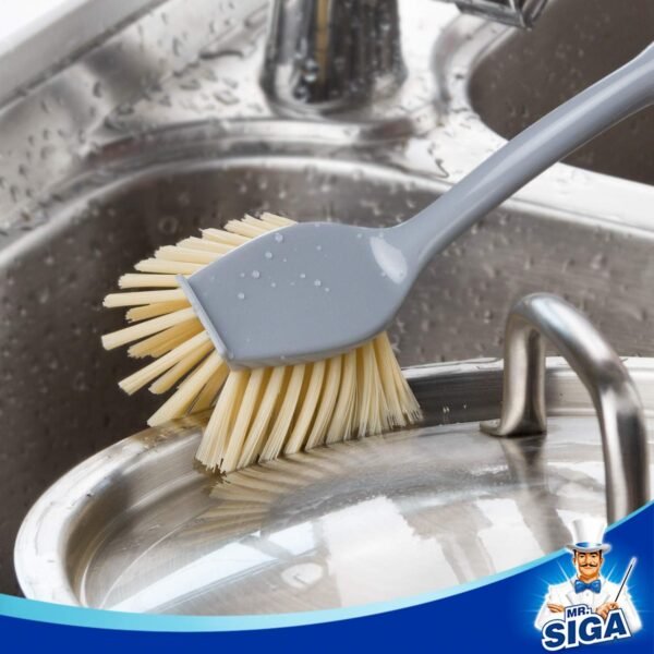 MR.SIGA Dish Brush with Long Bamboo Handle Built-in Scraper, Scrub Brush for Pans, Pots, Kitchen Sink Cleaning, Pack of 2 - Image 4