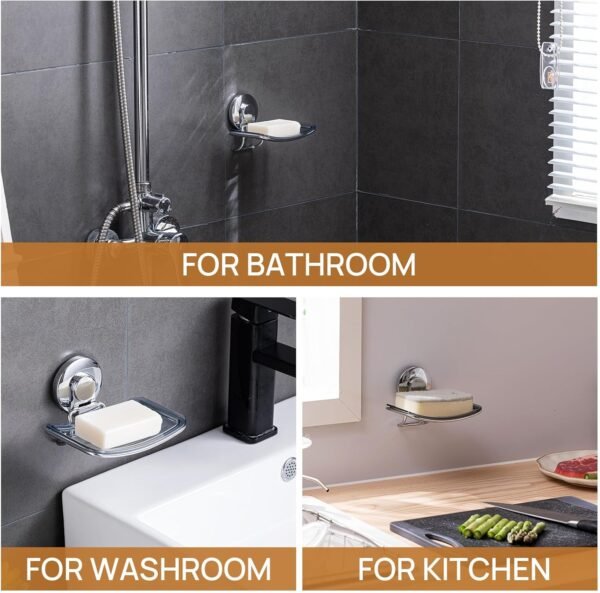 LEVERLOC Chrome Suction Cup Soap Dish Soap Holder for Shower Wall Drill-Free Rustproof Waterproof Wall Mount Strong Suction Removable Bar Soap Sponge Holder for Bathroom Bathtub Kitchen - Image 8