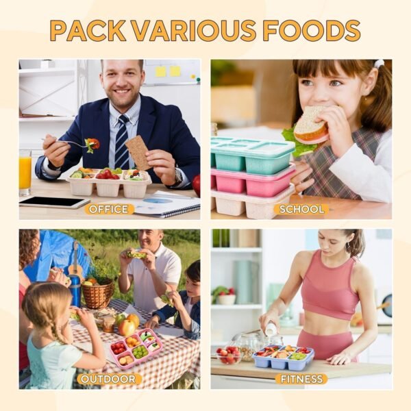 Bento Box Lunch Box,4Pcs Premium 5 Compartment Food Container Wheat Straw Meal Prep Container Lunchbox Container Storage Containers - Image 3