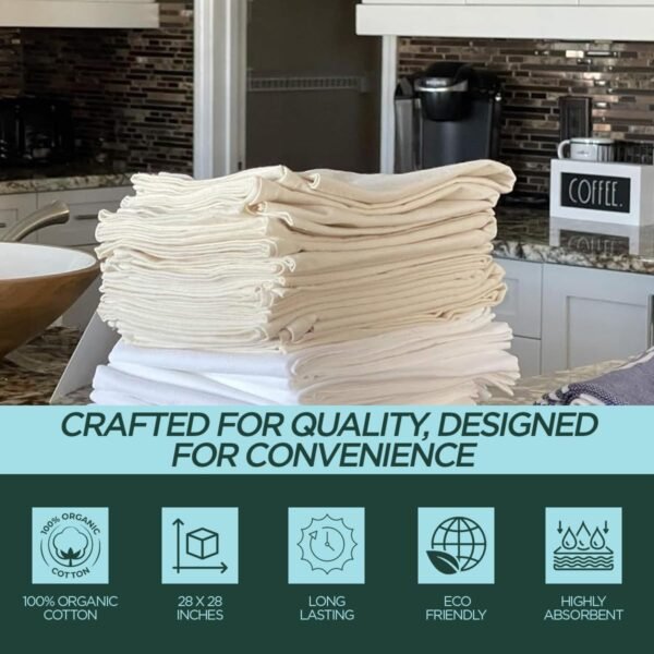 Flour Sack Kitchen Towels |Organic Cotton Blank Towel| Tea Towel Crafting Embroidery|Flat Thick Absorbent Quick Dry | Baking Bread Proofing Breathable Linen Cloth Cover Set of 10, 28 x 28 Inch, Ivory - Image 6