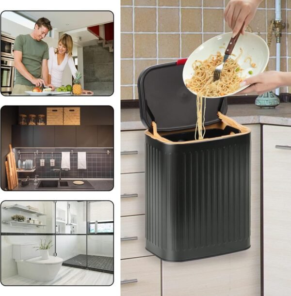 Hanging Trash Can Compost Bin with Lid for Kitchen Cabinet Door,Stainless Steel Countertop Compost Bin with Removable Inner Bucket,Wall-Mounted Kitchen Garbage Can (Black/2.1 Gal) - Image 7