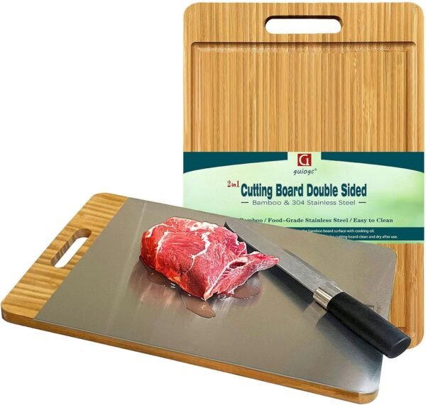Cutting Board Double Sided, Size 15.5”×11”, Bamboo Cutting Board and Food-Grade 304 Stainless Steel Cutting Board for Kitchen, Easy to Clean (Style 1)