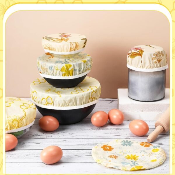 6 Pcs Beeswax Bowl Covers Reusable Cloth Bowl Covers Elastic Fabric Dish Cover Beeswax Food Wraps Cotton Kitchen Storage Containers Lids Kitchen Gifts for Bread Leftover Food Fruits Salad - Image 5