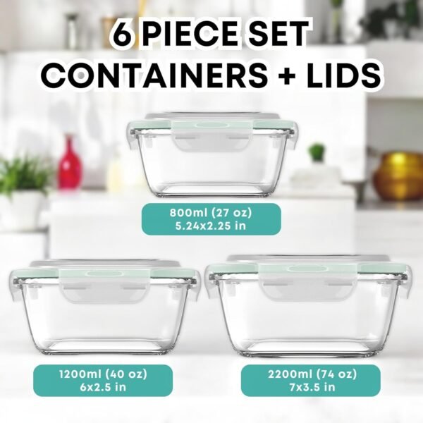 Razab 6 PC Square Glass Food Storage Containers with Airtight lids (74, 40 & 27 oz) Kitchen Glass Meal Prep Containers Set for Freezer Reusable Leftover Lunch Boxes, Oven, Microwave, Dishwasher Safe - Image 2
