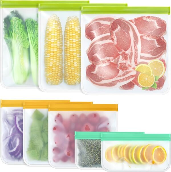 8 Pack Silicone Bags Reusable Storage Silicone Ziplock Bags-3 Reusable Gallon Freezer bags 3 Reusable Sandwich Bags 2 Reusable Snack Bags, Leakproof Reusable Food Storage Bags Containers for Home Work