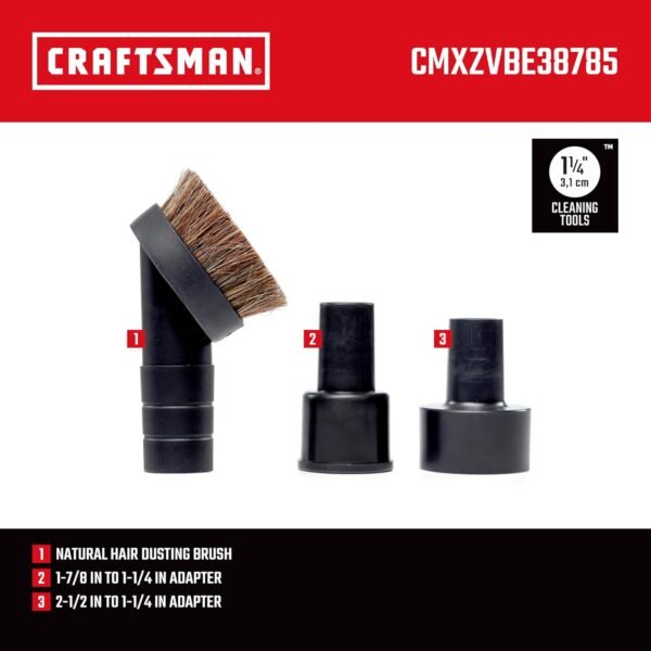 CRAFTSMAN CMXZVBE38785 1-1/4 in. Natural Hair Dusting Brush Wet Dry Vac Attachment, Shop Vacuum Accessory for Cleaning Delicate Surfaces, Fits 1-1/4 in., 1-7/8 in. and 2-1/2 in. Hose Diameters - Image 3