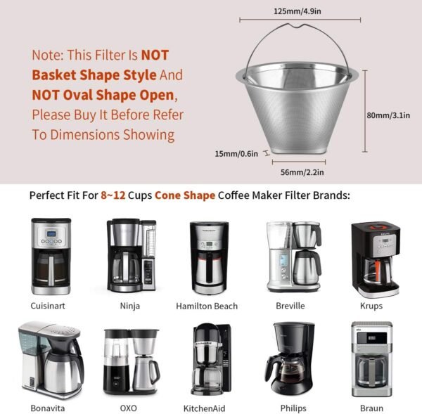 #4 Reusable Permanent Cone Coffee Filters, 8~12 Cup Size 4 Coffee Filters, Perfect Fit for Cuisinart Hamilton Beach Coffee Maker Filter, Replace Cuisinart GTF Gold Tone Coffee Filters - Image 4