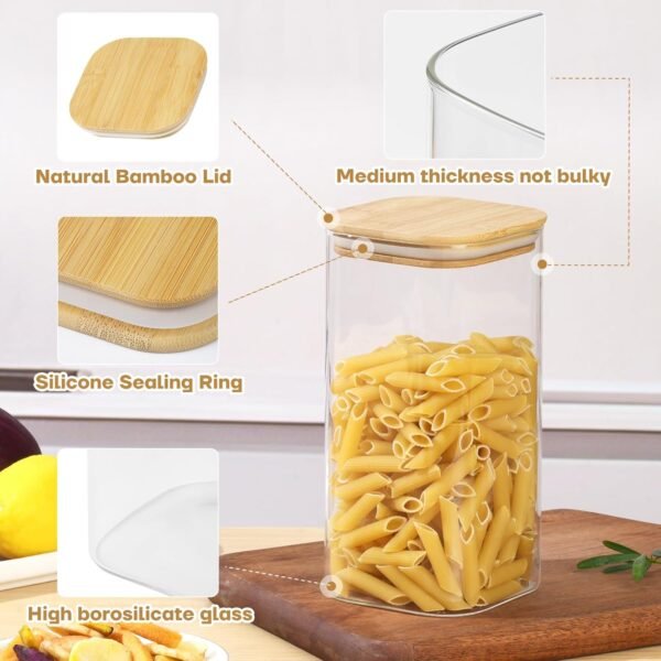 Glass Storage Containers with Wood Lids, 54 fl.oz Clear Food Storage Container Jar, Square Glass Canisters with Airtight Lids Set Of 3, for Pasta Flour Rice Beans Cereals Seasonings - Image 5