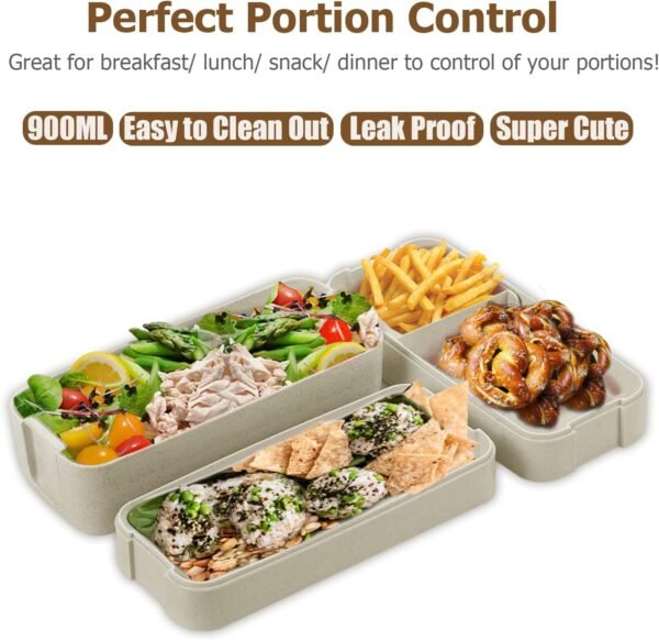 Bento Box for Adults, 3-In-1 Meal Prep Container, 900ML Japanese Lunch Box with Compartment, Wheat Straw, Leak-proof, Spoon & Fork, BPA-free (Beige) - Image 2