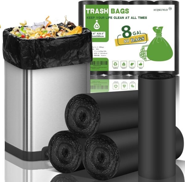 8 Gallon Biodegradable Black Trash Bags - Compostable Tall Kitchen Garbage Bags 80 Count Recycling Unscented Office Outdoor Thick Strong Medium Size Can Waste Basket Liners Acqkunlo