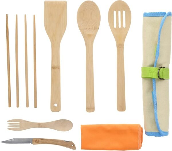 ust Camp Kitchen roll up with 7 Piece Bamboo Utensil Set in a Portable Organizer for Cooking, Camping, and Everyday use - Image 2