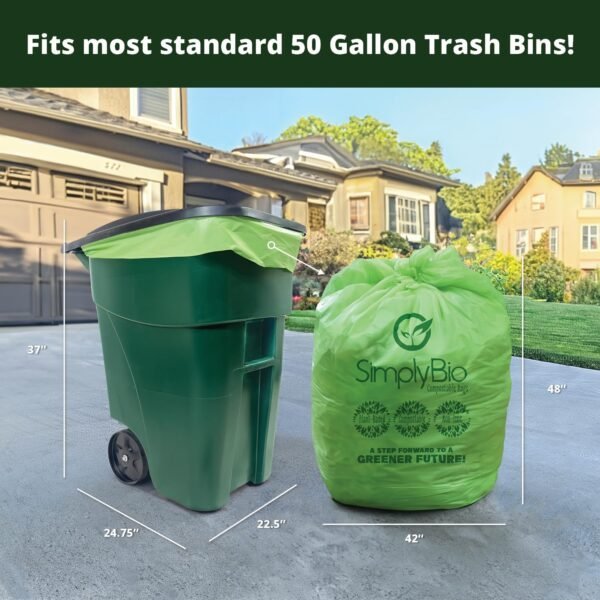 55 Gallon Compostable Trash Bags Flat-Top, Heavy Duty Extra Thick 1.57 Mil, 208.2 Liter, 12 Bags, Large Lawn and Yard Waste Bag, ASTM D6400, US BPI and OK Compost Home Certified - Image 2