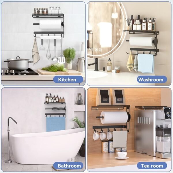 Paper Towel Holder - 4 in 1 Wall Mount Kitchen Paper Rack with Shelf, Towel Holder & Hooks, Easy Tear Paper Roll Holder with Two Fixing Tubes Suitable for Kitchen, Bathroom, Garage & Tool Room - Image 7