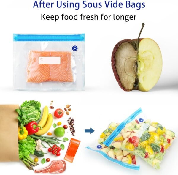 Sous Vide Bags 31Pcs, Reusable BPA Free Vacuum Sealer Bags (8.5 * 8.5in) Vacuum Food Storage Bags for Cooking/Food Storage/Microwave Heating - 24Pcs Vacuum Zipper Bags & 2 Seal Clips & 5 Air Valves - Image 4