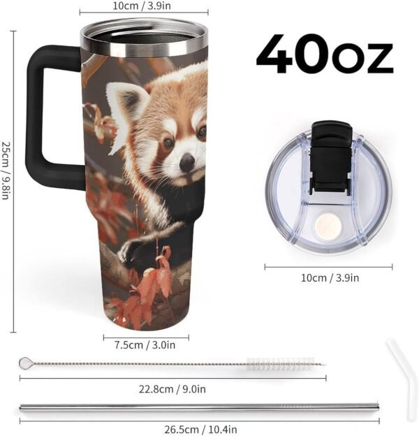 40 Oz Tumbler with Straw 304 Stainless Steel Water Bottle with Handle Lid Travel Mug Reusable Car Red Panda Cup for Home Office Outdoor Suitable - Image 3