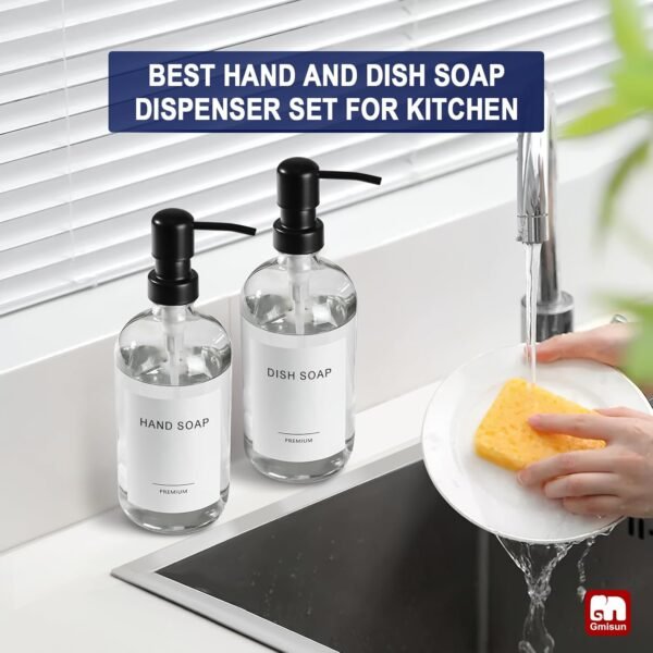 GMISUN Glass Soap Dispenser with Pump, 2 Pack Clear Bathroom Hand Soap Dispenser with Stainless Steel Pump, 16 Oz Refillable Kitchen Hand and Dish Soap Dispensers Set, Modern Liquid Pump Bottles - Image 4
