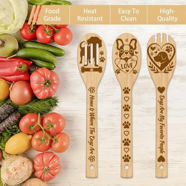 GLOBLELAND 6Pcs Dog Bamboo Cooking Utensils Wooden Pet Engraved Cooking Spoons Set Carving Kitchen Bamboo Spatula Set Wood Cooking Spoon for Kitchen Fun House Warming Gift - Image 4