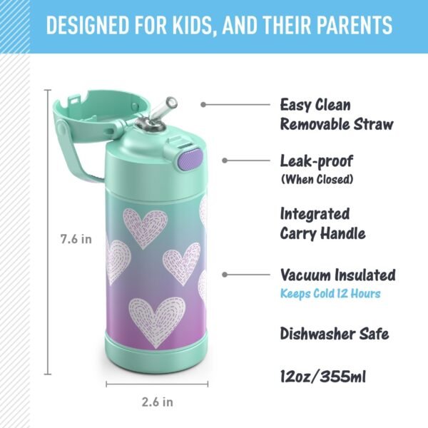 THERMOS FUNTAINER Water Bottle with Straw - 12 Ounce, Purple Hearts - Kids Stainless Steel Vacuum Insulated Water Bottle with Lid - Image 2