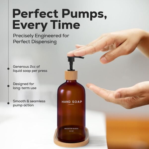 Amber Glass Soap and Lotion Dispenser Set with Tray by Brighter Barns - Hand Soap Dispenser Bathroom Set - Liquid Hand Soap Dispenser and Pump - Bamboo Home Accessories & Modern Bathroom Decor - Image 4