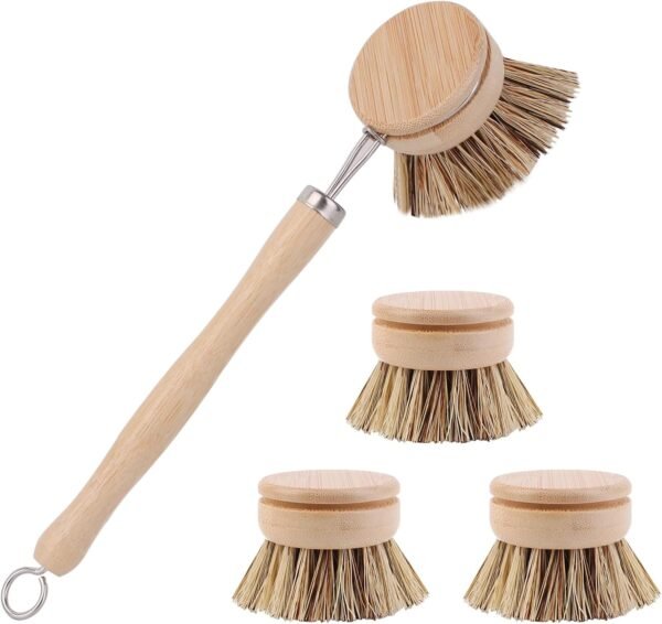 Bamboo Dish Brush with Handle - 4 Replacement Heads | Eco Hard Palm Dish Scrub Brush | Vegetable Brush | Dish Scrubber Brush | Bamboo Wok Brush for Cleaning Kitchen Utensils - Image 8