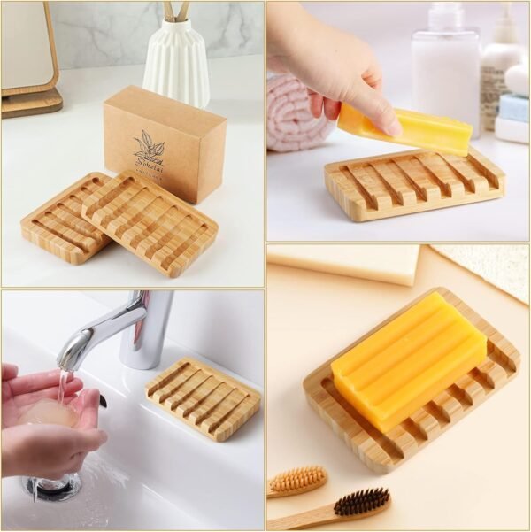 Shampoo Bar Holder Bamboo Soap Dish for Shower Wood Soap Dishes Wooden Soap Saver Tray Stand Self Draining Travel Soap Container Case for Bathroom Kitchen Bath Tub Razor Sponges, Waterfall Drain 2 PCS - Image 4