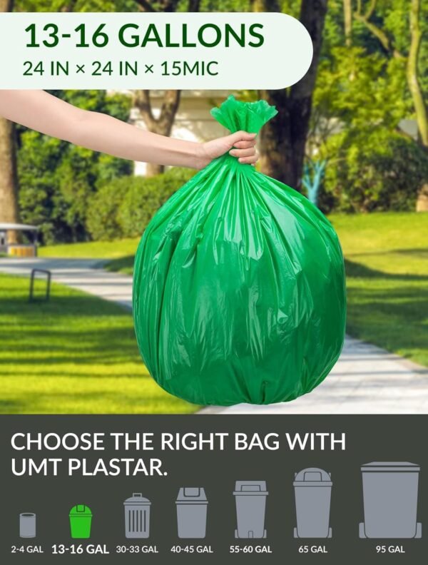 400 Count 100% Biodegradable & Compostable Trash Bags - 13-16 Gallon, 15 Microns, 24x24 Inches, Green Eco-Friendly - Image 2