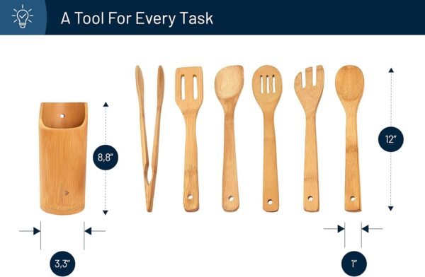 RoyalHouse Wooden Kitchen Utensils Set, 7 Piece Bamboo Cooking Tools and Holder Cooking Spoons and Spatulas, Kitchen Tools, Wood Tool Utensil Sets for Nonstick Pan and Cookware - Image 4
