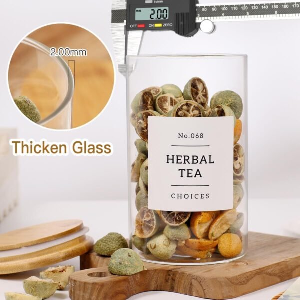 8 Pack Glass Jar with Airtight Bamboo Lid and White 132 Kichen Pantry Labels Preprinted - 21 Oz Clear Round Glass Food Storage Containers set For Tea Coffee Sugar Spice - Image 5