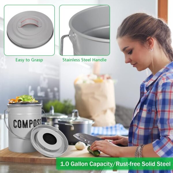 Compost Bin Kitchen Counter, Indoor Compost Bin, Includes Inner Bucket with Sealed Ring Compost Pail, Countertop Compost Bin with Lid, Compost Bucket Compost Container, 1.0 Gallon - Image 6
