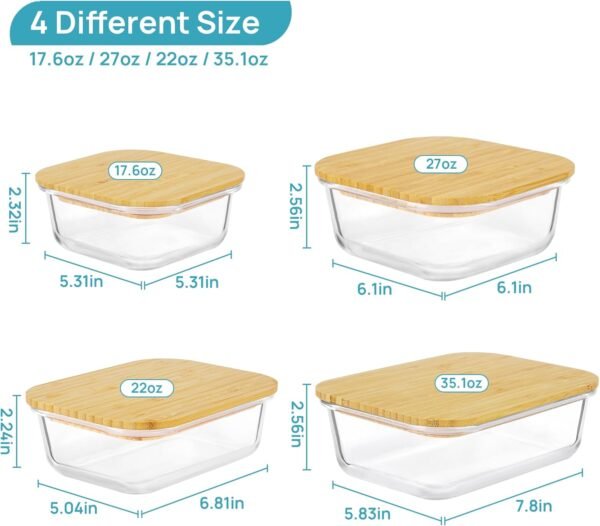 Vtopmart Glass Food Storage Containers with Bamboo Lids, 4 Pack Meal Prep Glass Containers Bento Lunch Box, Safe for Microwave, Oven, Freezer and Dishwasher, BPA Free - Image 6