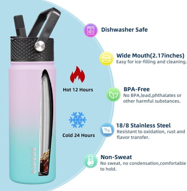 BJPKPK 2 Pack Insulated Water Bottles with Straw Lids, 22oz Stainless Steel Metal Water Bottle with 6 Lids, Leak Proof BPA Free Thermos, Cups, Flasks for Travel, Sports (Oasis+Black) - Image 2