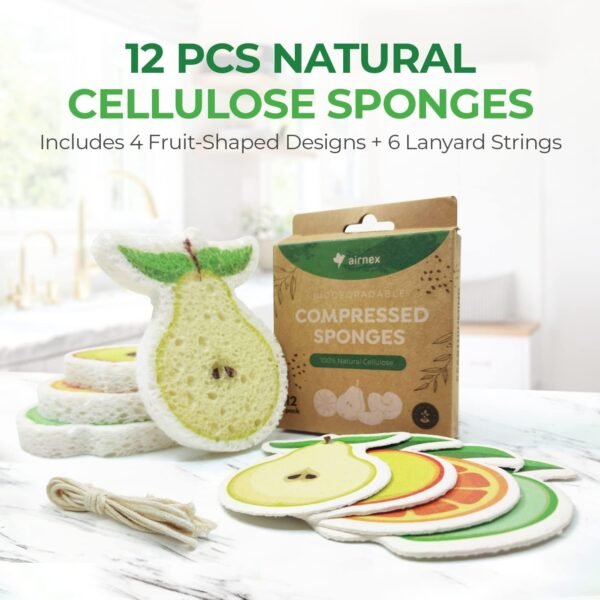 AIRNEX Biodegradable Cellulose Compressed Sponges Bulk - Fruit Shaped Kitchen Sponges Pack of 12 - Eco Friendly Compostable Dish Sponges for Washing Dishes - Odor Free Pop Up Natural Dish Sponges - Image 2