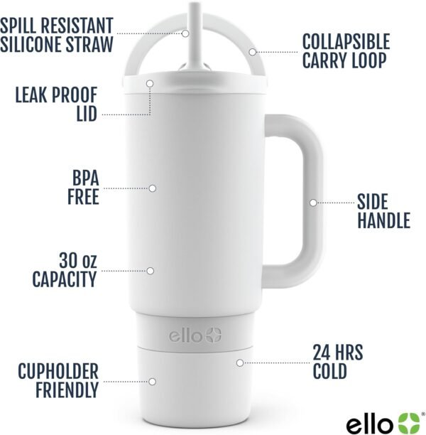 Ello Port 30oz Tumbler with Carry Loop & Integrated Handle | Vacuum Insulated Stainless Steel Reusable Water Bottle Travel Mug | Leak Proof Lid | Flexible Straw | BPA-Free | Dishwasher Safe | White - Image 3