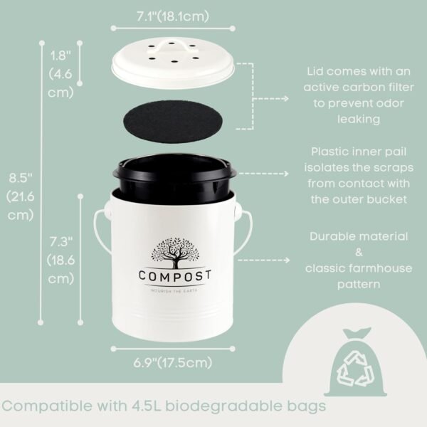 Perfnique Kitchen Compost Bin, 1.3 Gallon Countertop Compost Bin with Lid, Indoor Compost Bucket Includes Inner Bucket Liner and Carbon Filter, Small Compost Bin (Without Bags, Cream) - Image 5