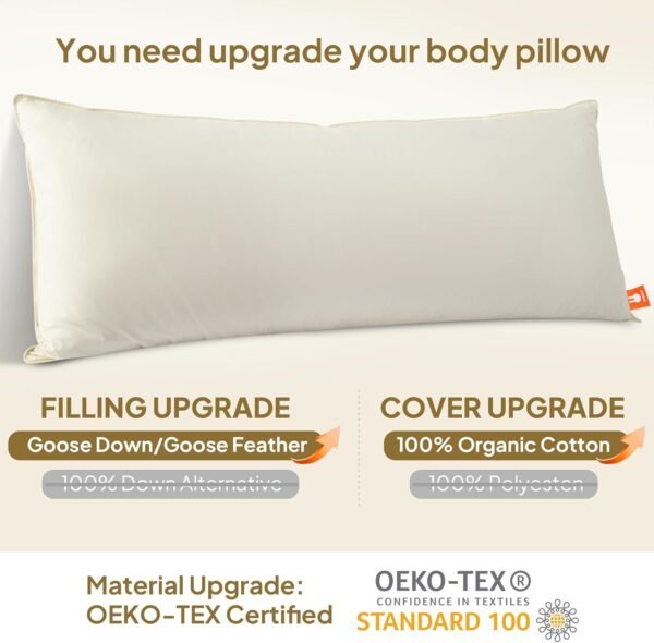 Goose Down Body Pillow, Firm Body Pillows for Sleeping, Large Long Bed Pillow for Adults Side Sleepers, Breathable Full Body Pillow for Bed with 100% Organic Cotton Downproof Shell (White 20" X 60") - Image 2